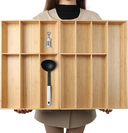 V-Shaped Extra Large Bamboo Drawer Organizer Set of 2, Kitchen Cutlery Tray Utensil Plate