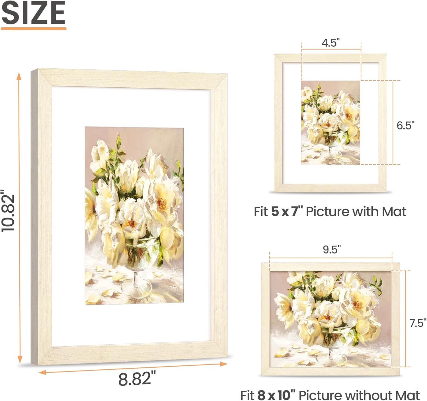 upsimples 8x10 Picture Frame, Natural Solid Wooden Picture Frames, Display 5x7 with Mat or 8 x 10