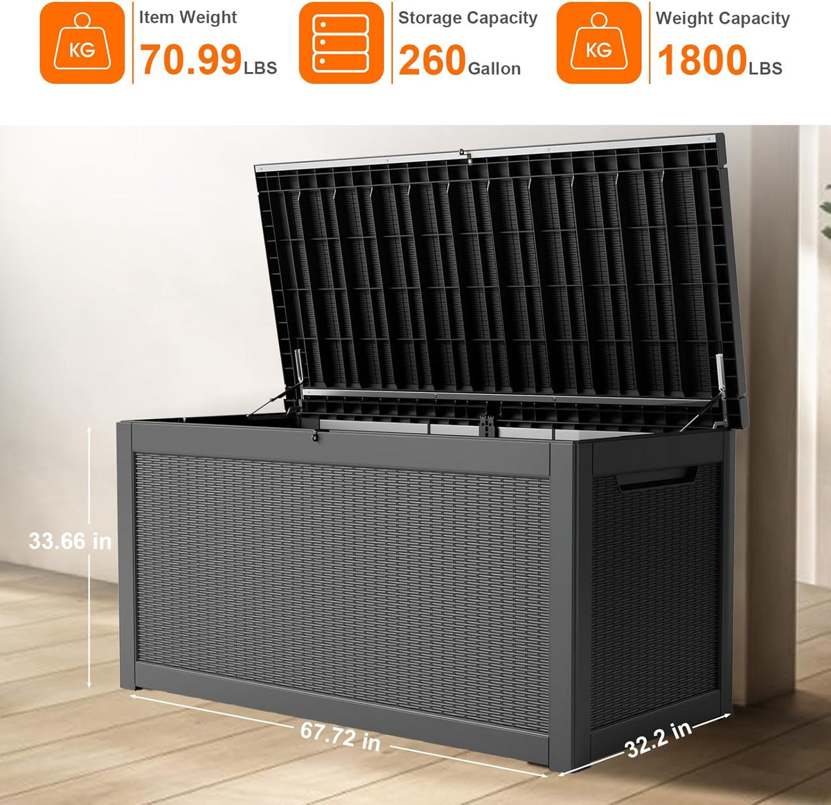260 Gallon Resin Deck Box, Lockable Patio Outdoor Storage Box for Furniture, Garden Tools and Tools