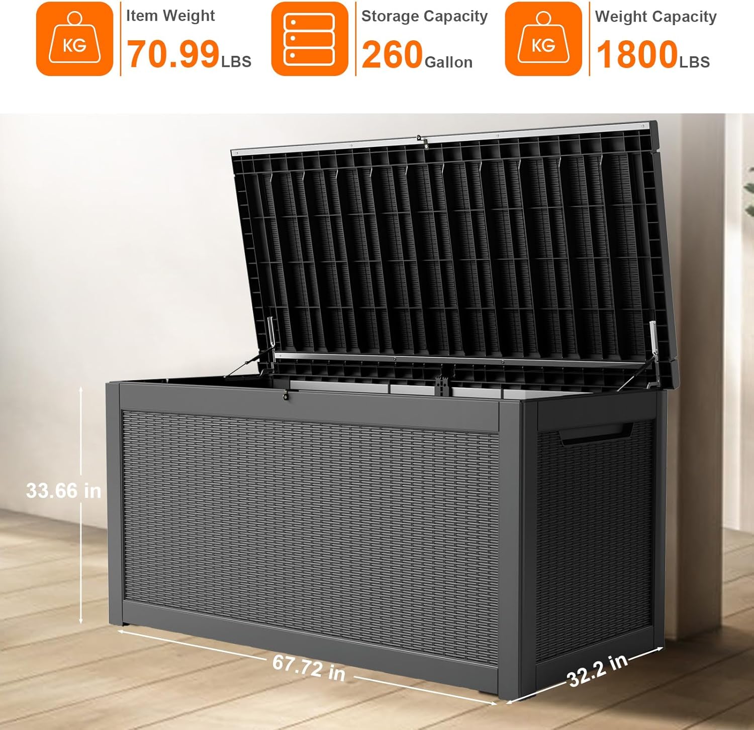 260 Gallon Resin Deck Box, Lockable Patio Outdoor Storage Box for Furniture, Garden Tools and Tools