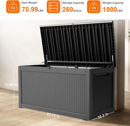 260 Gallon Resin Deck Box, Lockable Patio Outdoor Storage Box for Furniture, Garden Tools and Tools