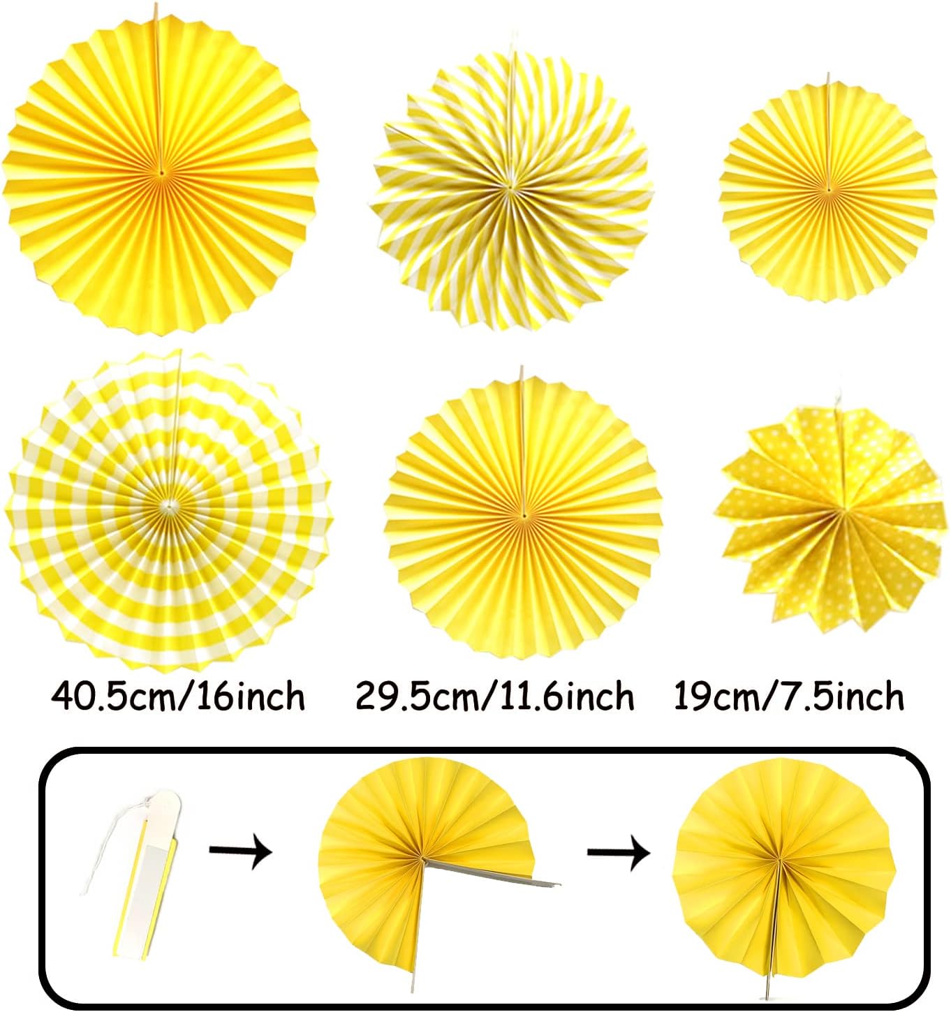ZERODECO Party Decoration, 21 Pcs Yellow Hanging Paper Fans Pom Poms Flowers, Garlands String Polka