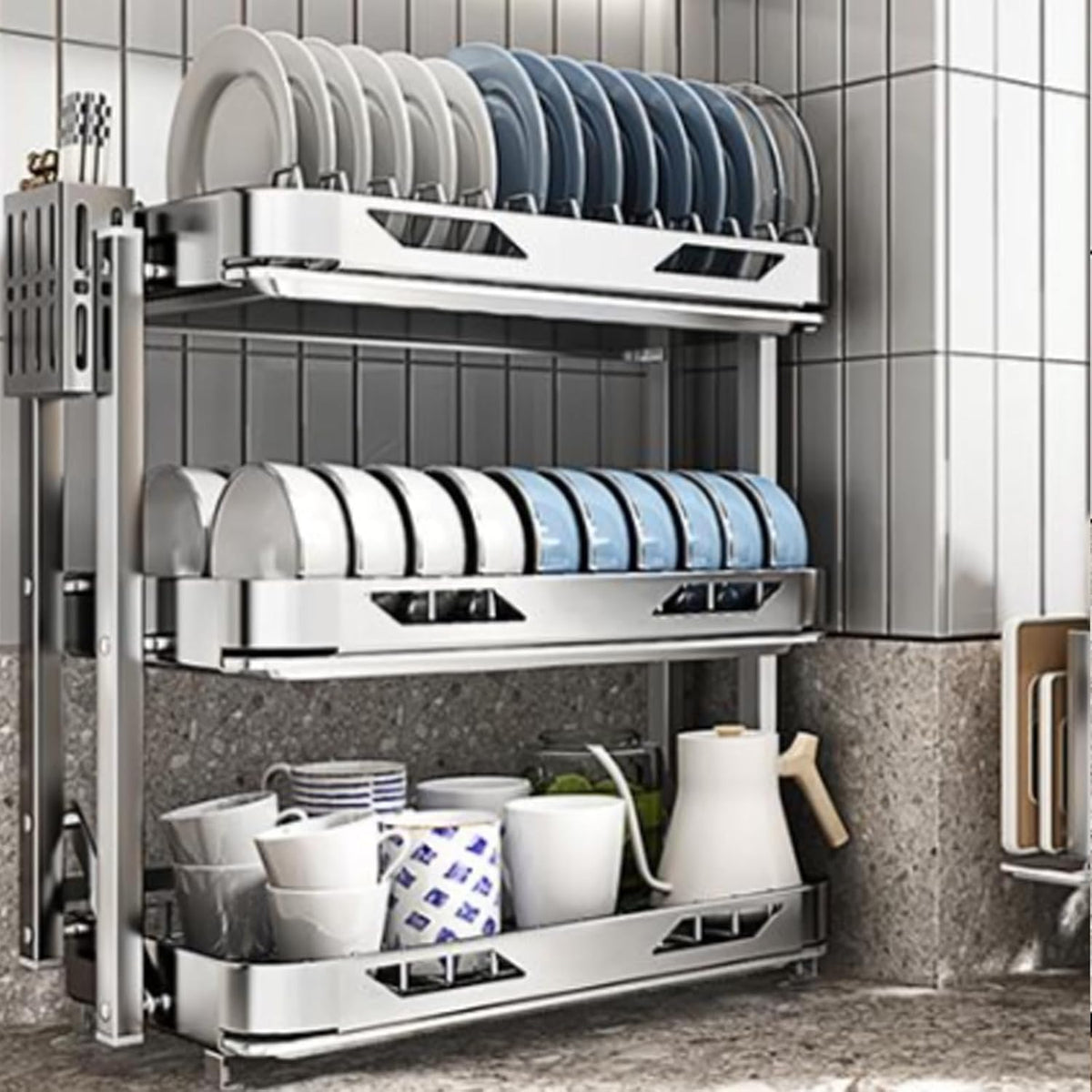 Dish Drying Rack with Drain Board - Rustproof Stainless Steel Dish Rack with Utensil Holder,Dish