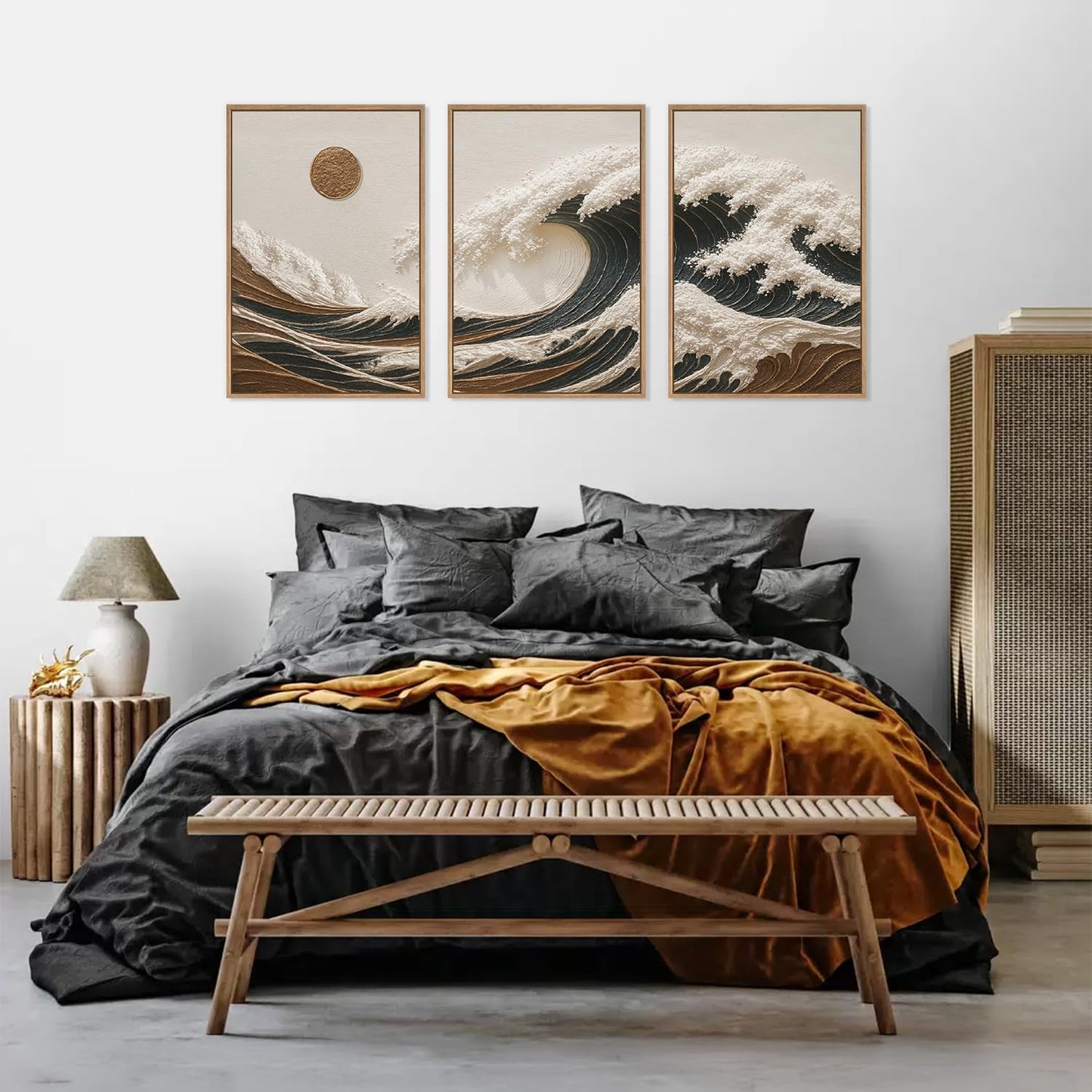 HLNIUC Sea Wave Framed Canvas Wall Art,Abstract Sun Seascape Wall Decor Set of 3(16”x24”) Large