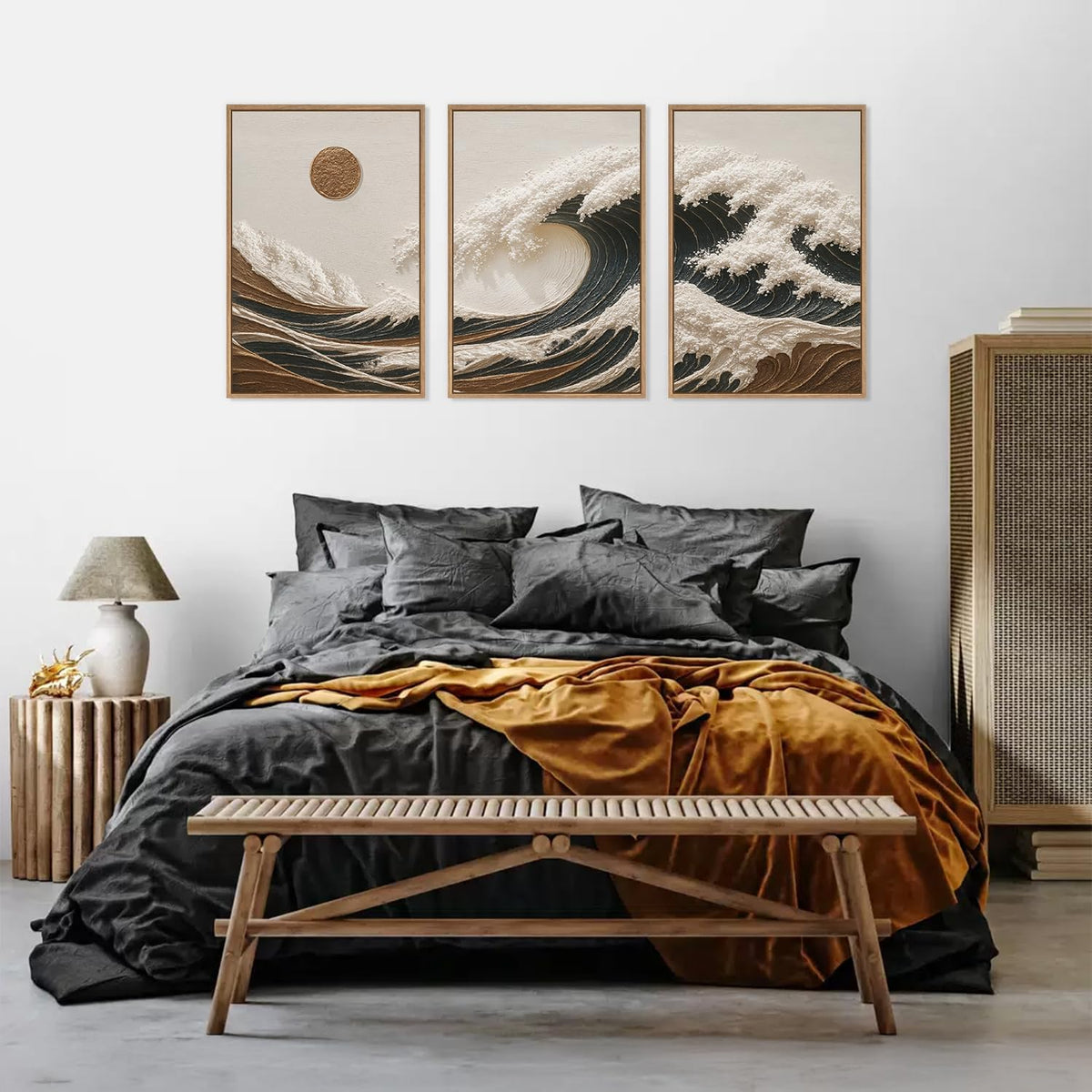 HLNIUC Sea Wave Framed Canvas Wall Art,Abstract Sun Seascape Wall Decor Set of 3(16”x24”) Large