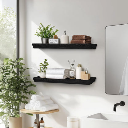 24"x6.8"x1.6" Slanted Floating Wall Shelves 2-Pack - Rustic Black Finish, Heavy-Duty Solid Wood