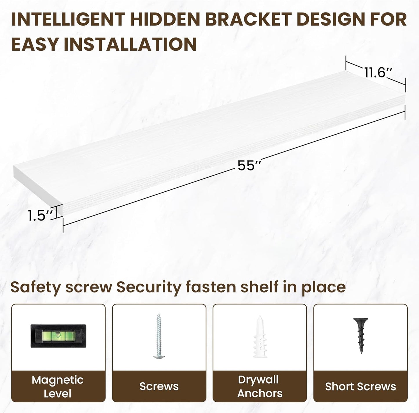 55 Inch Floating Shelves, 12 Inch Deep Floating Shelves for Wall, Floating Shelf with Invisible