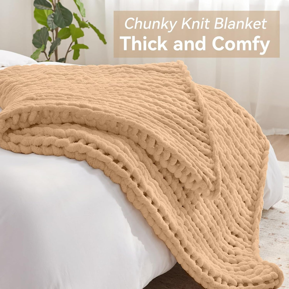 Chunky Knit Throw Blanket, 30''*40'' Knitted Throw Chenille Yarn for Bed Couch, Handmade Beige