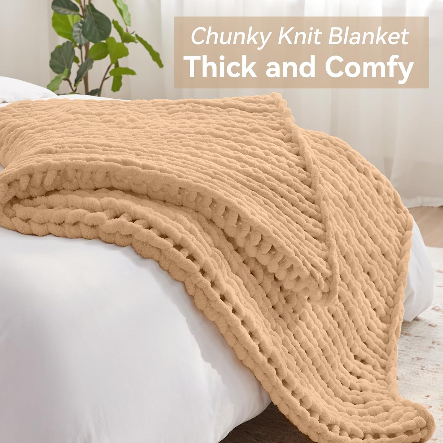 Chunky Knit Throw Blanket, 50''*60'' Knitted Throw Chenille Yarn for Bed Couch, Handmade Beige