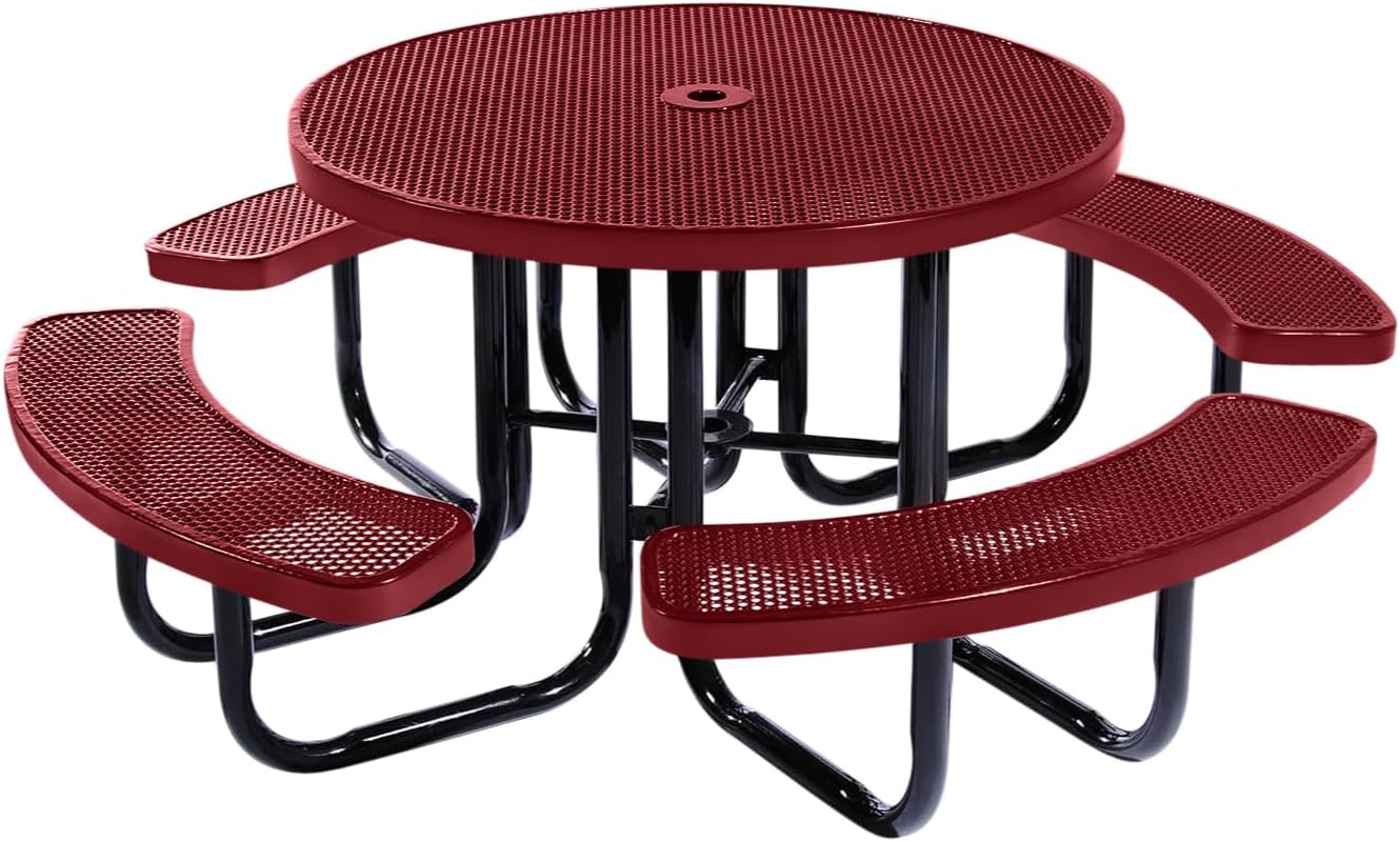 Heavy-Duty Portable Outdoor Picnic Table with Umbrella Hole, Punched Steel Commercial-Grade Patio
