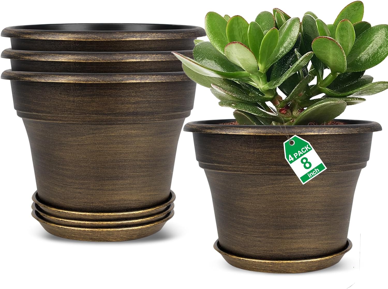 Plant Planters Pots Set of 4 Pack 8 Inch, Plastic Flower Pot for Indoor Plants with Drainage Holes