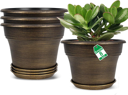 Plant Planters Pots Set of 4 Pack 8 Inch, Plastic Flower Pot for Indoor Plants with Drainage Holes