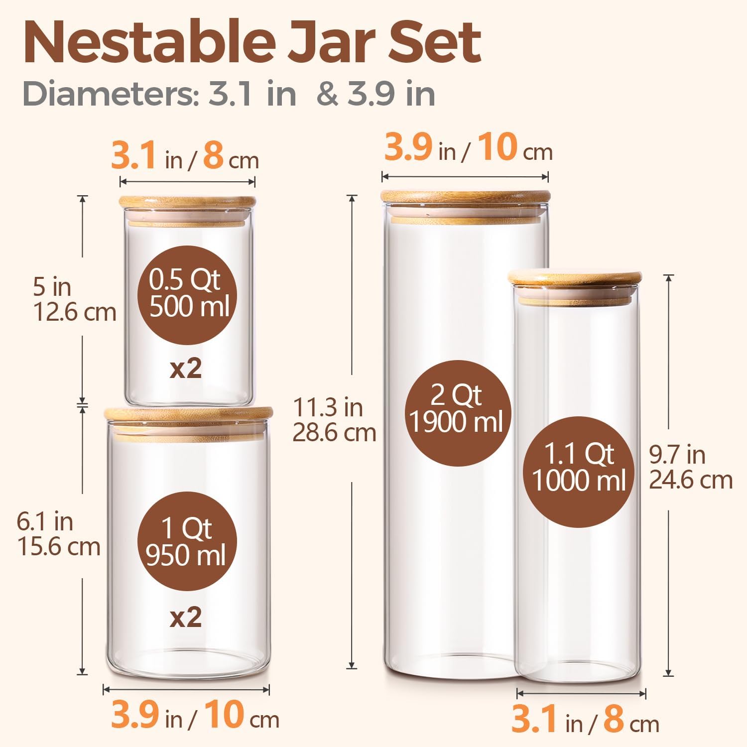 ComSaf Glass Food Storage Jars Set of 6, Clear Glass Storage Containers with Lids, Canisters Sets