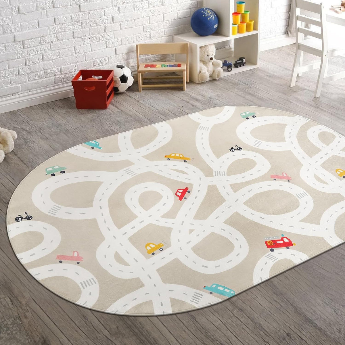 STARUIA Large Kids Rug for Playroom, 4'x6' Washable Road Rug for Nursery, Non-Slip Car Rugs for