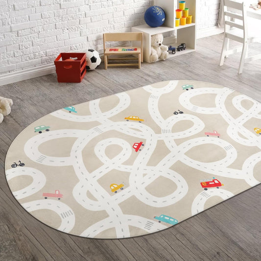 STARUIA Large Kids Rug for Playroom, 4'x6' Washable Road Rug for Nursery, Non-Slip Car Rugs for