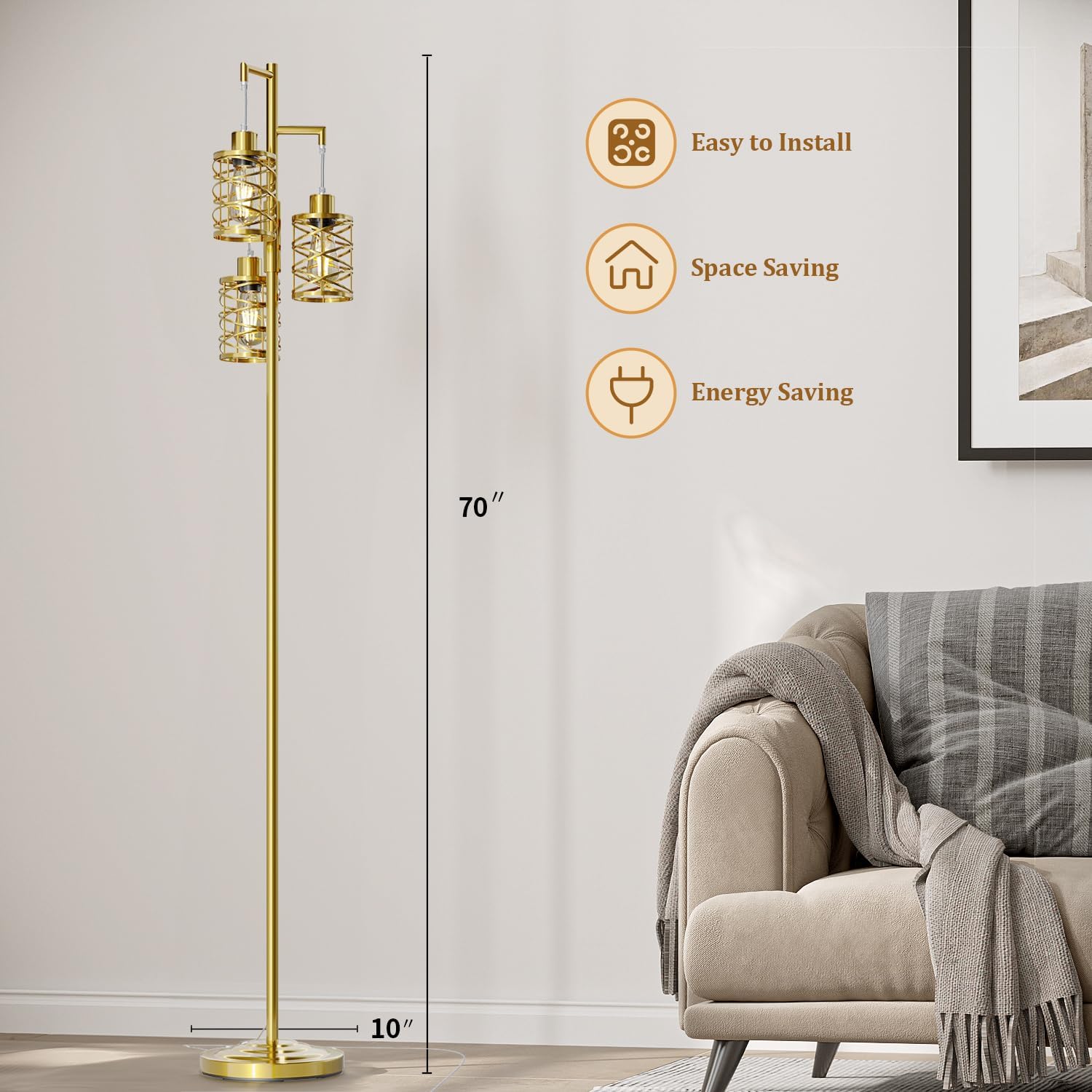 Oneach 70" Industrial Floor Lamp, Stepless Dimmable Standing Lamp with 3 Bulbs, Farmhouse Corner