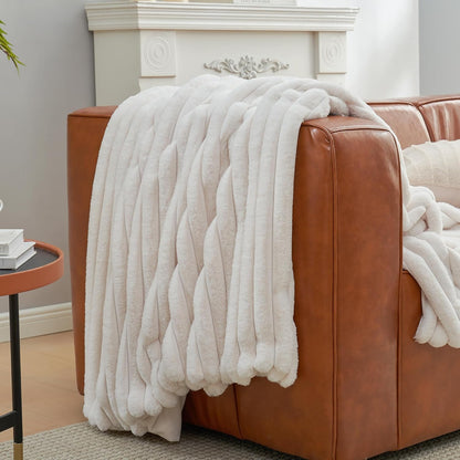 Amélie Home Faux Fur Throw Blanket for Couch, Cozy Fuzzy Fluffy Fur Luxurious Soft Striped Plush