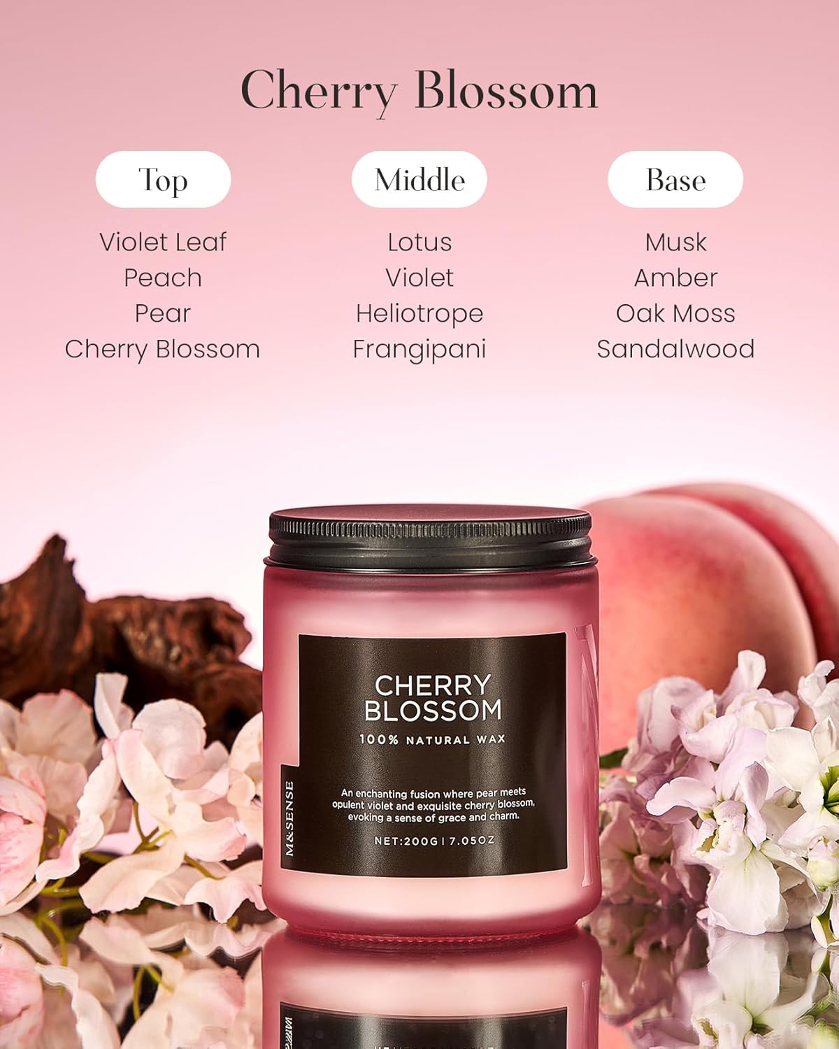 M&SENSE Cherry Blossom Scented Spring Candle, Best Smelling Stress Relief Aromatherapy Candle, 50