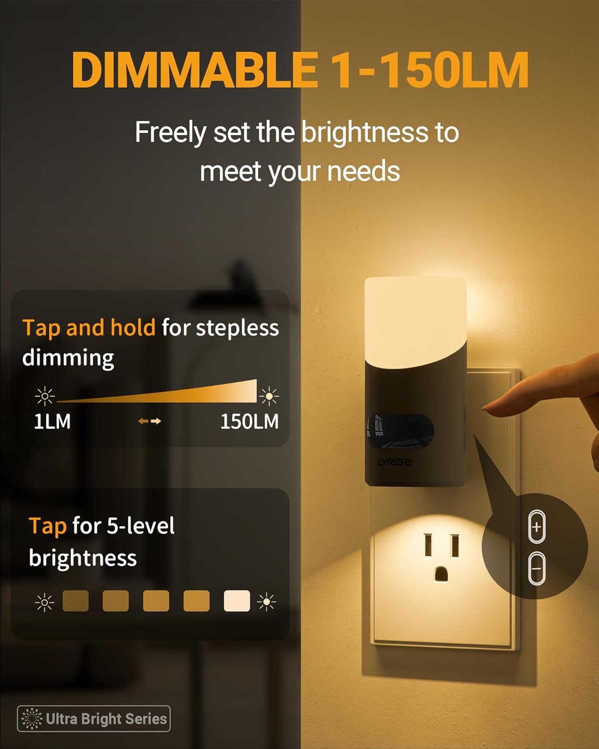 Lyridz LED Night Lights Plug into Wall with Motion Sensor, 1-150LM Dimmable Plug-in Nightlight