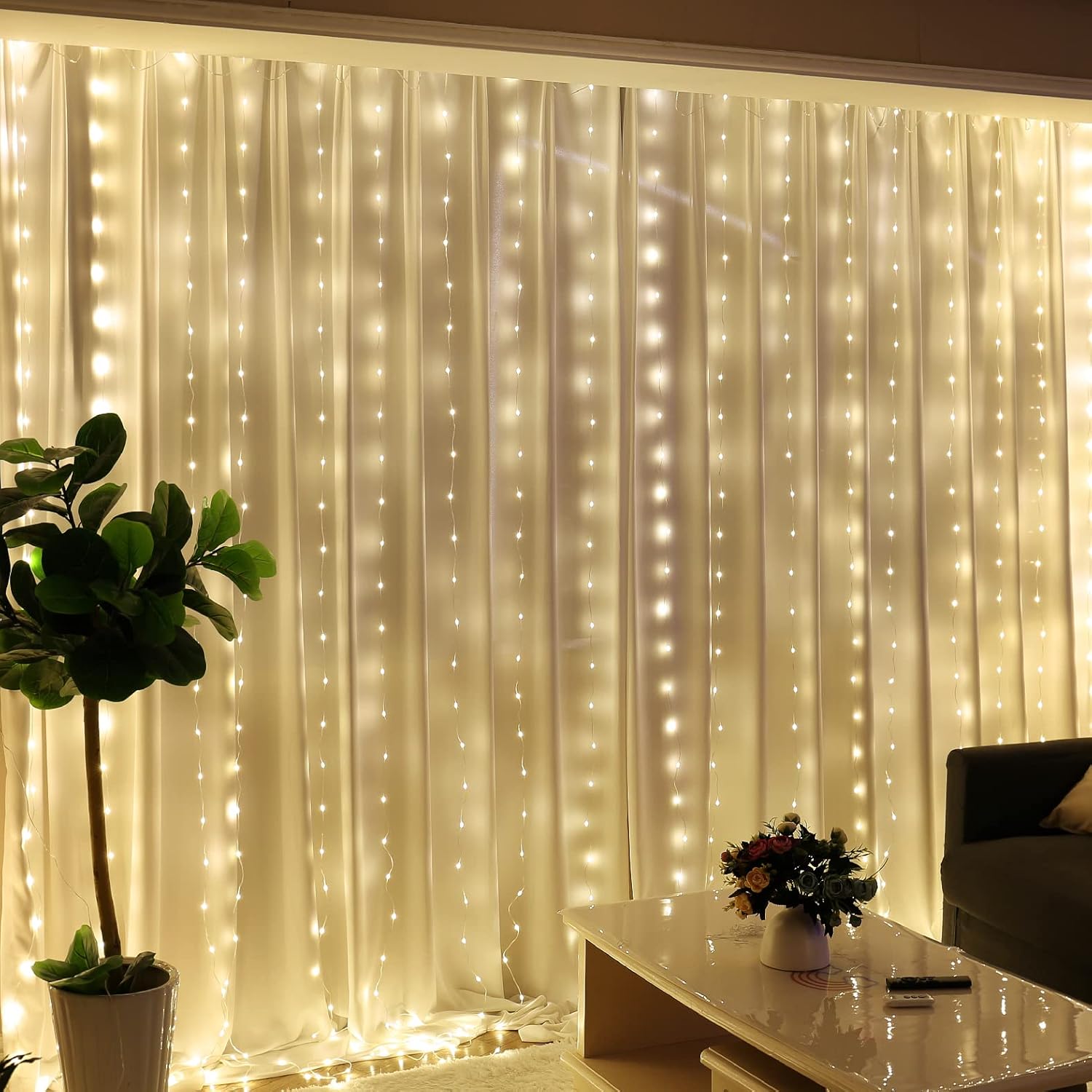 HXWEIYE 300LED Fairy Curtain Lights for Bedroom Warm White, 3mx3m 8 Modes USB Plug in Window