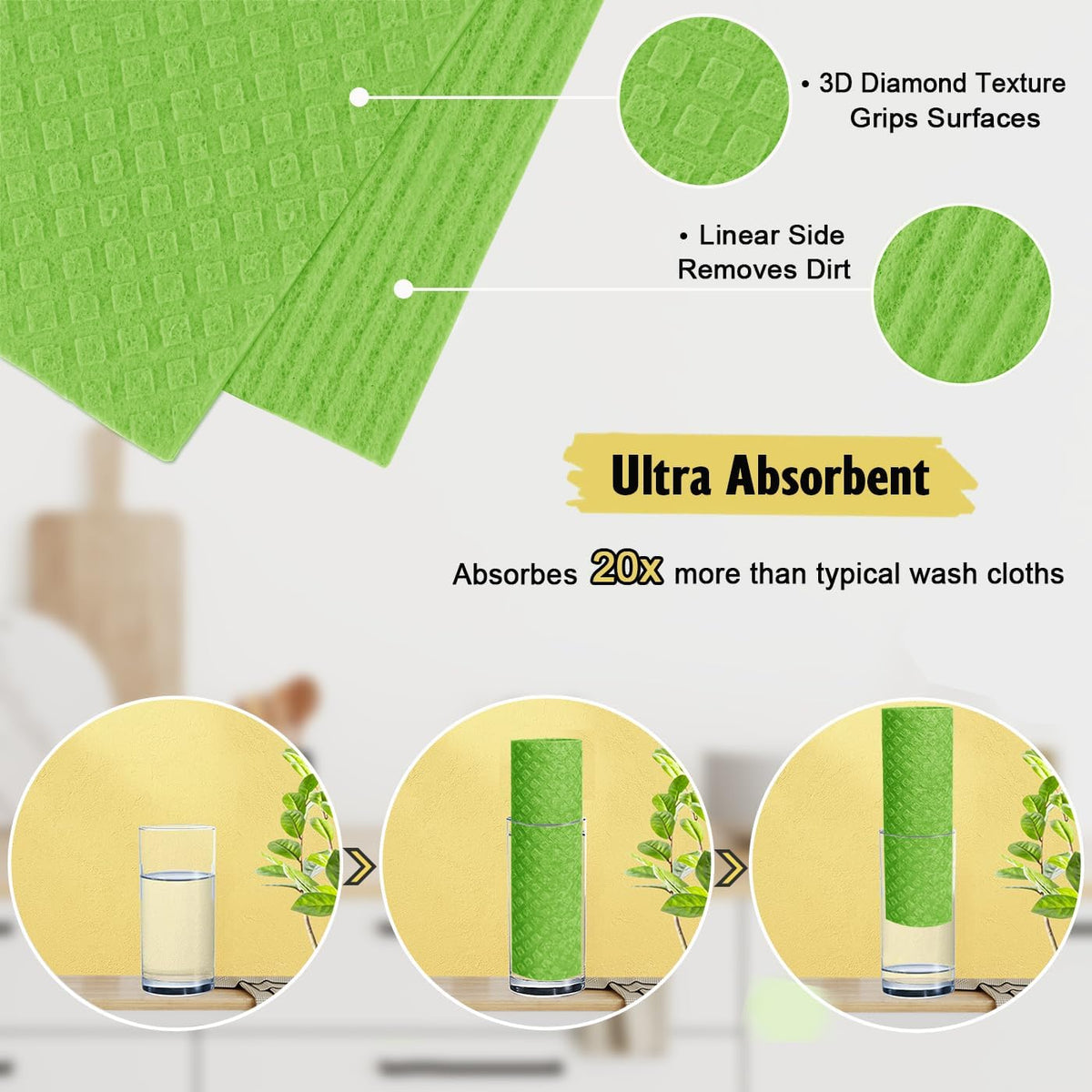 Swedish Dishcloths for Kitchen | 6 Pack Absorbent Cellulose Sponge Cloths Washable | Non-Scratch