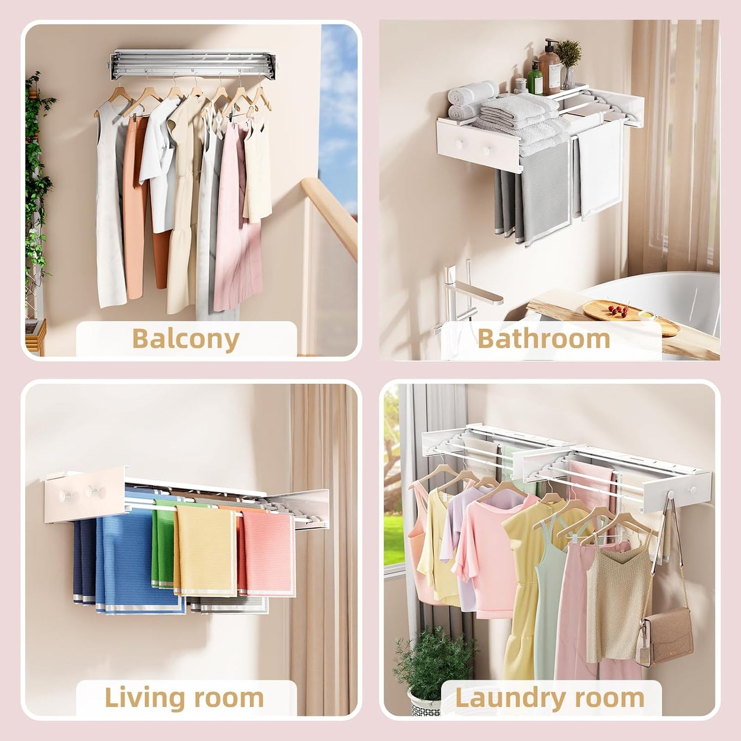 Wall Mounted Drying Rack with 4 Hooks and Shelf, Foldable Clothes Drying Rack for Laundry Room