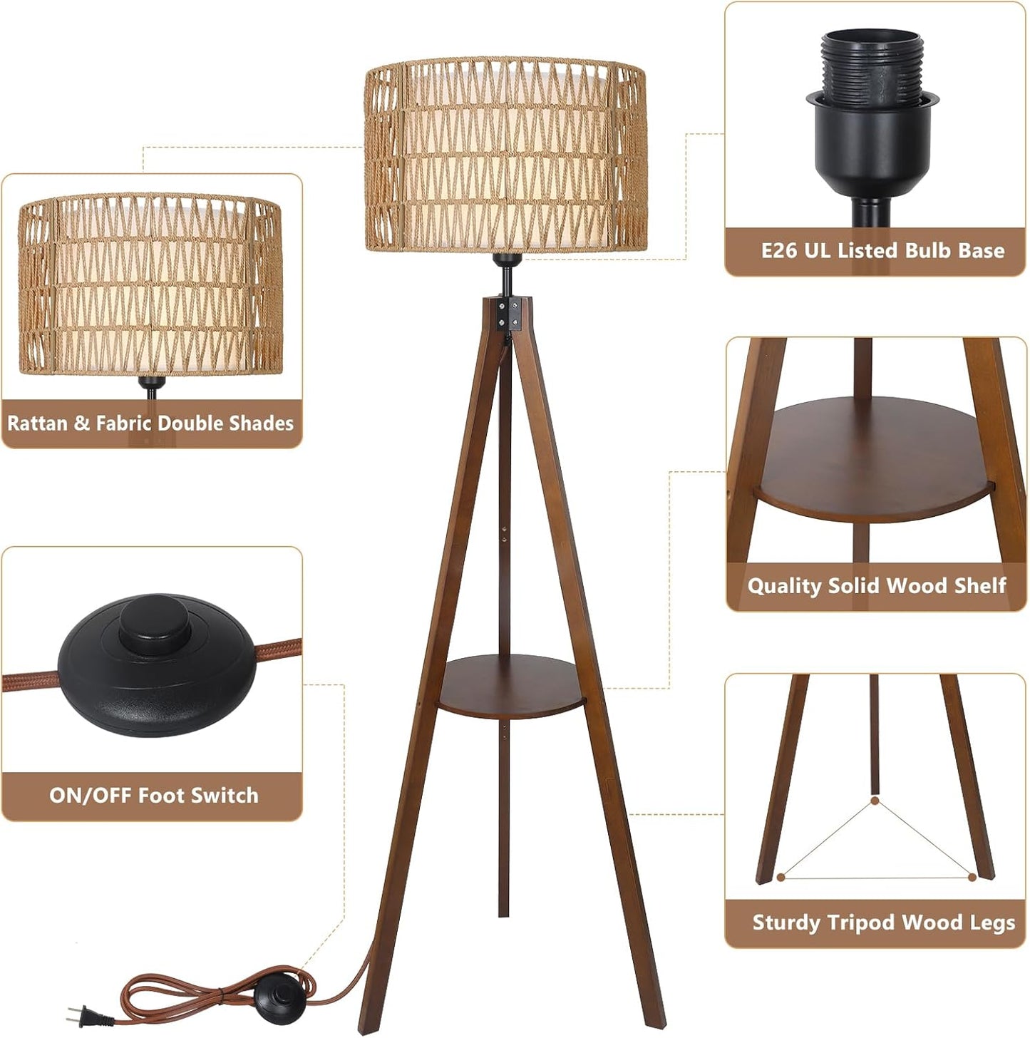 Boho Tripod Floor Lamp with Shelves, Mid Century Wood Standing Lamp with Rattan & Fabric Shades