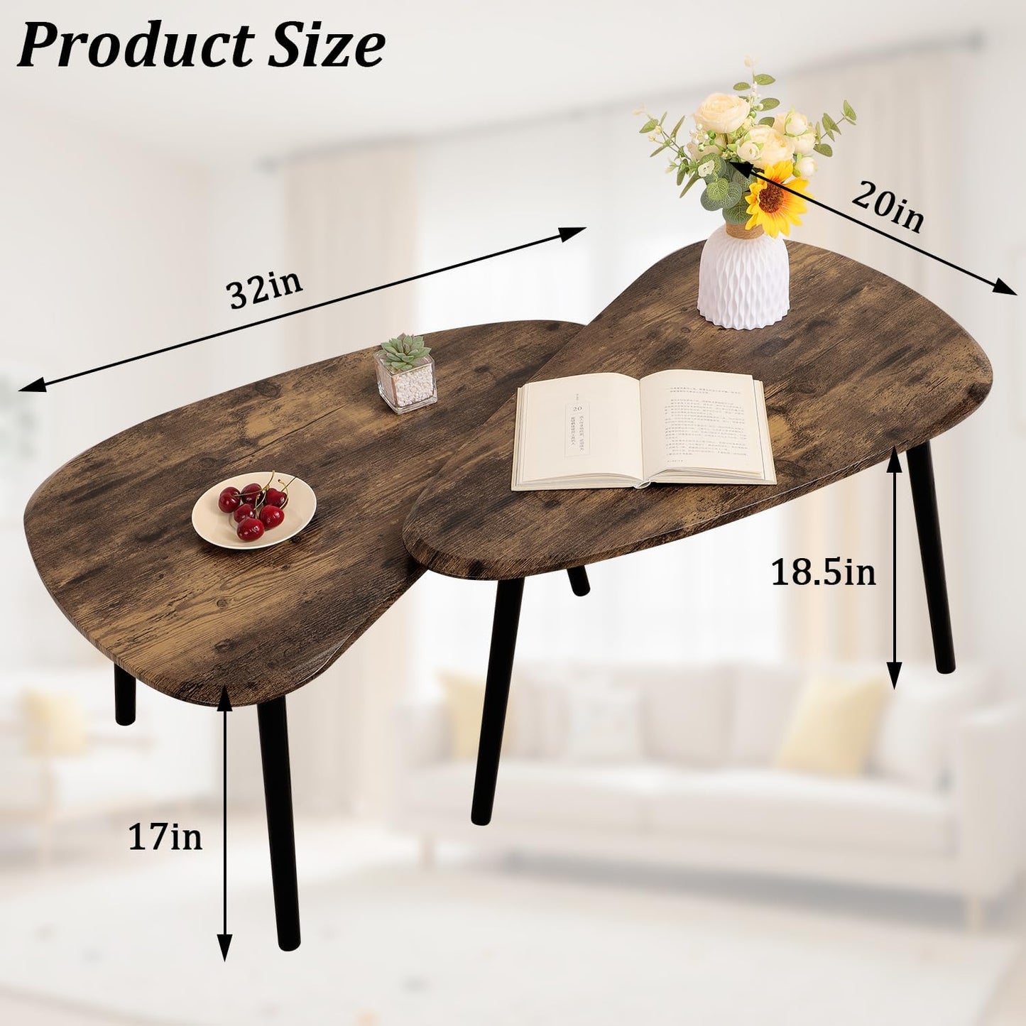 Nesting Coffee Tables, Nested Table with Wooden Legs Set of 2 - Triangle Side Table for Living
