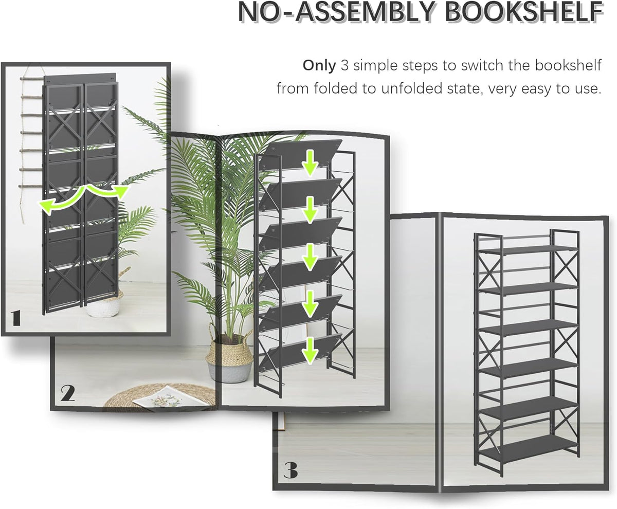 4NM 6 Tiers No Assembly Book Shelves, 61.8" H Folding Bookshelf Bookcase Open Industrial Foldable