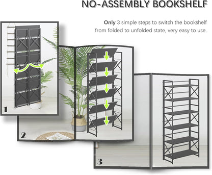 4NM 6 Tiers No Assembly Book Shelves, 61.8" H Folding Bookshelf Bookcase Open Industrial Foldable
