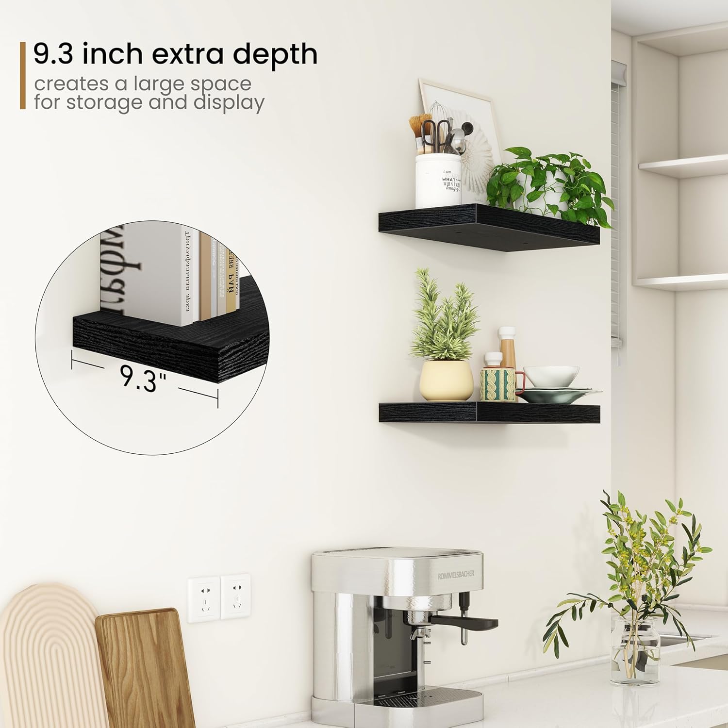 Fun Memories Deep Floating Shelves - 16" W x 9" D x 1.6" H Rustic Black Wall Shelf - Wall Mounted