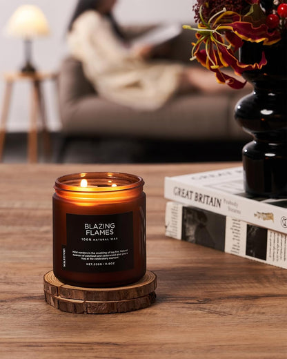 M&SENSE Blazing Flame Scented Candles with Log Fire - Cade & Patchoulli Scent, 70 Hours 11.6oz