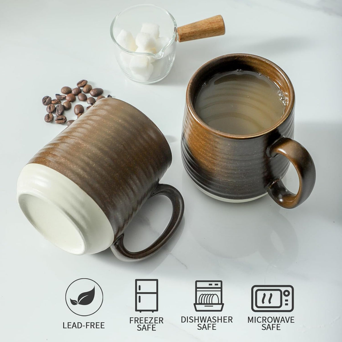 Hasense Coffee Cups Set of 6, 15 oz Stoneware Coffee Mugs with Big Handles, Modern Tea Cup for