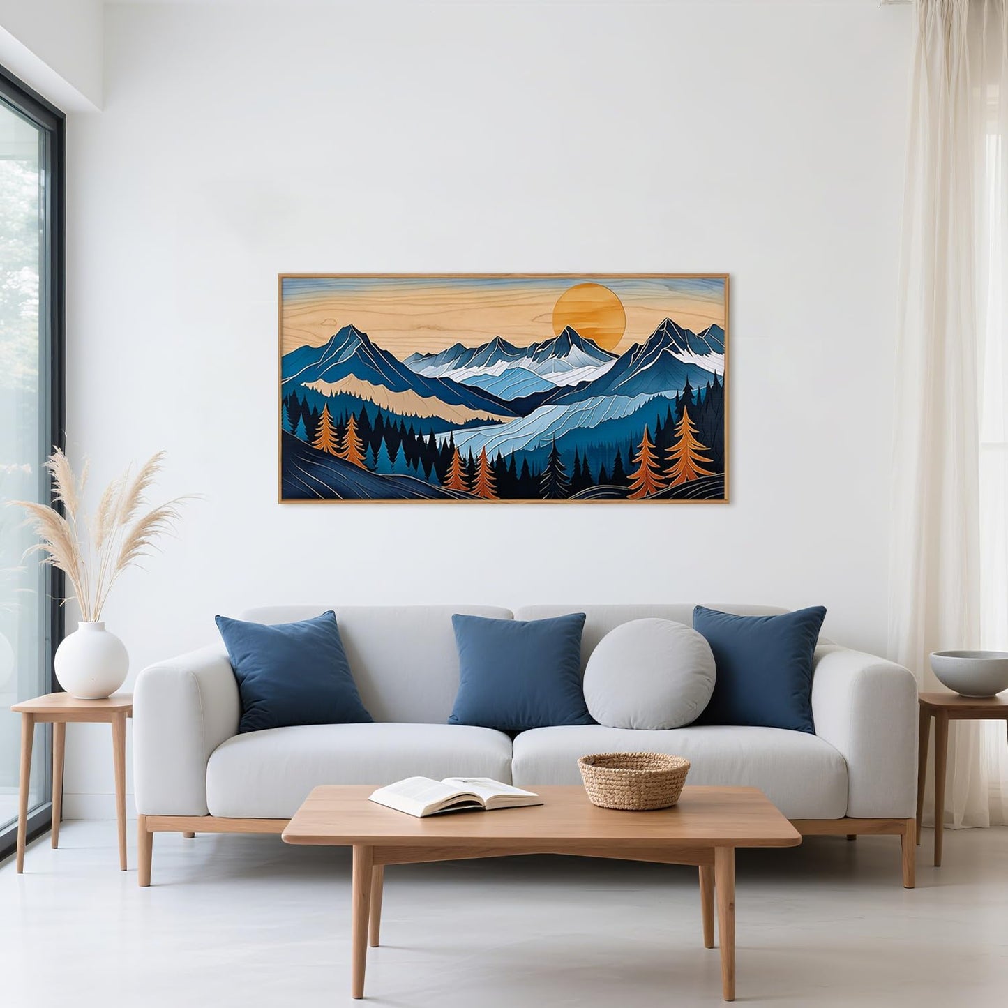 Blue Woodcut Mountain Framed Canvas Wall Art Set, Boho Abstract Ridge Wall Decor, Pine Tree