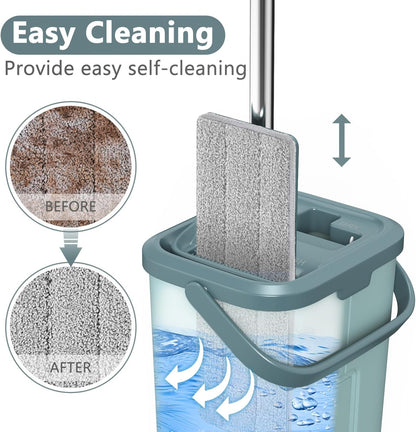 Aifacay Mop and Bucket with Wringer Set, Flat Wall Mop and Bucket Set with 4 Reusable Microfiber