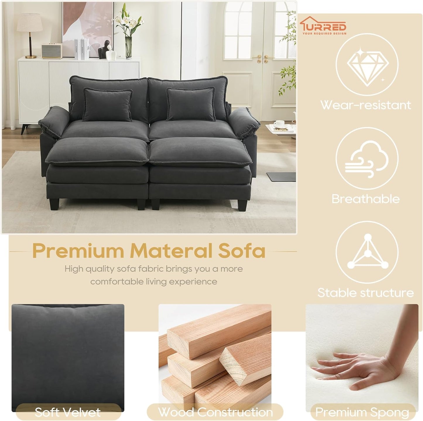 URRED Modular Sectional Sofa Comfy Cloud Couch, Modern Velvet Sofa Sleeper Deep Seat Couches with