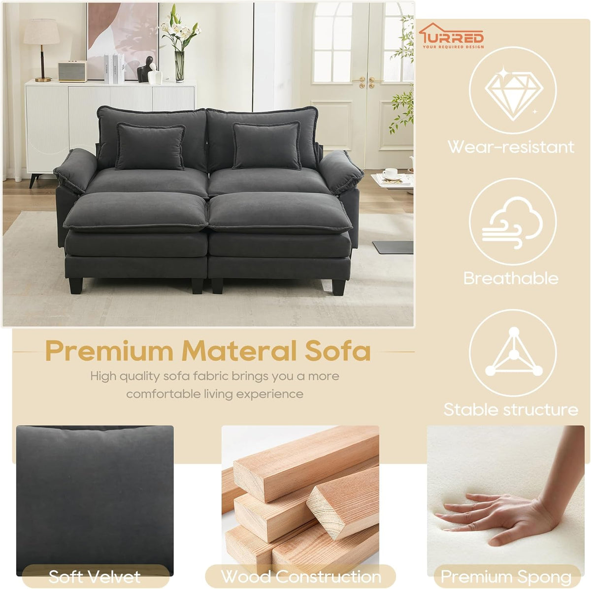 URRED Modular Sectional Sofa Comfy Cloud Couch, Modern Velvet Sofa Sleeper Deep Seat Couches with