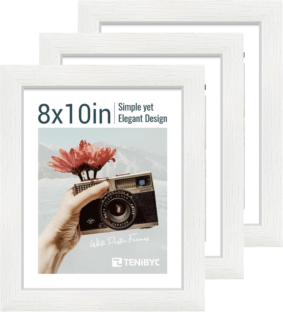 8x10 Picture Frame Set - 3 Pack, Textured White Solid Wood, HD Tempered Glass, Gallery Photo Frame