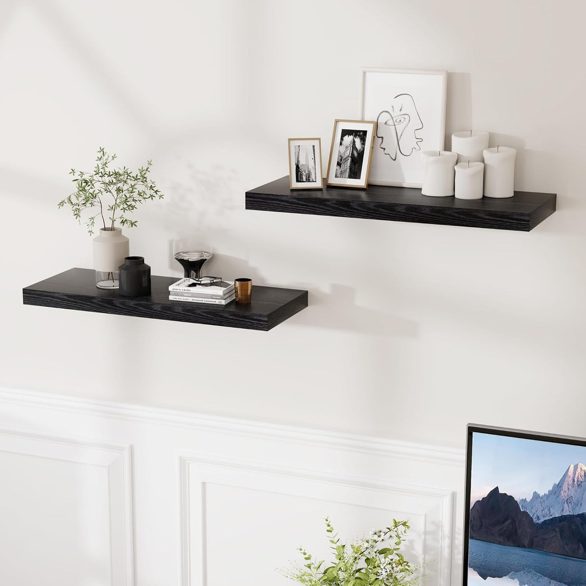 24 Inch Floating Shelves, Rustic 24 x 9 Black Floating Shelf for Wall, Black Bathroom Shelf Set of