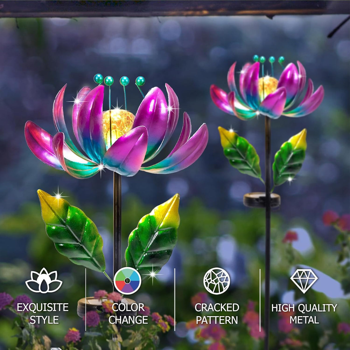 Solar Purple Metal Flower Wind Spinners, Colorful Spinning Windmill Lotus Yard Art Lights Wind