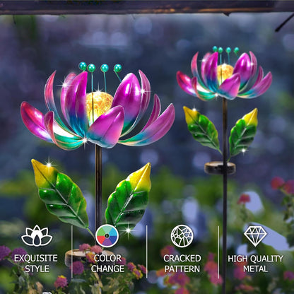 Solar Purple Metal Flower Wind Spinners, Colorful Spinning Windmill Lotus Yard Art Lights Wind