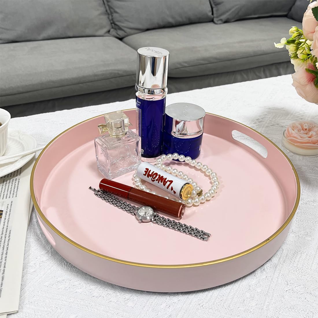 13" Pink Serving Tray with Handles,Round Decorative Tray for Coffee Table, Plastic Modern Coffee