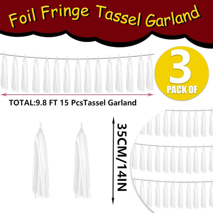 3P White Foil Fringe Metallic Tassel Streamers Banner Tassel Garland for Parade Floats, Graduation