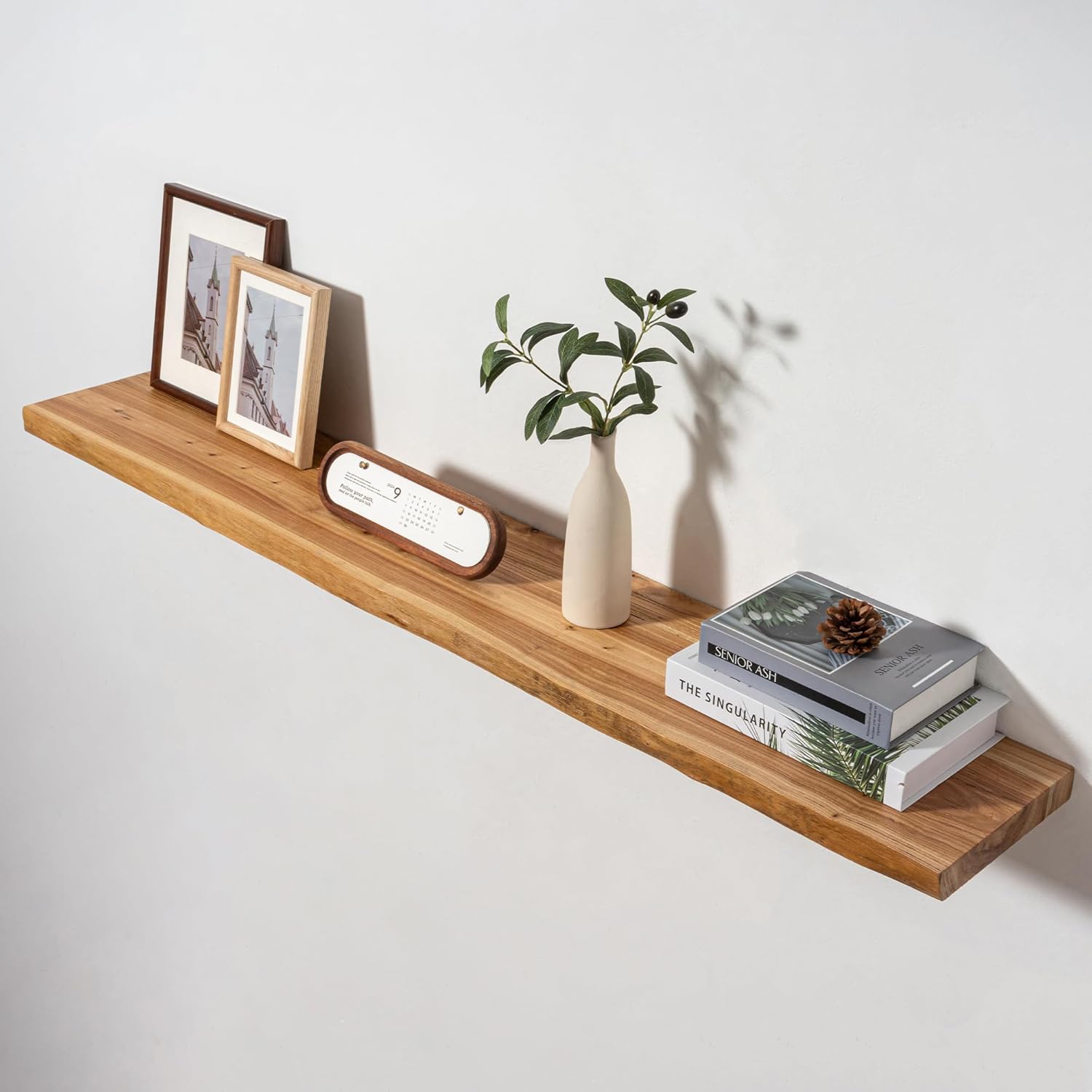 Axeman 55 inch Floating Shelves for Wall - 8'' D Live Edge Rustic Solid Elm Wood Floating Shelves