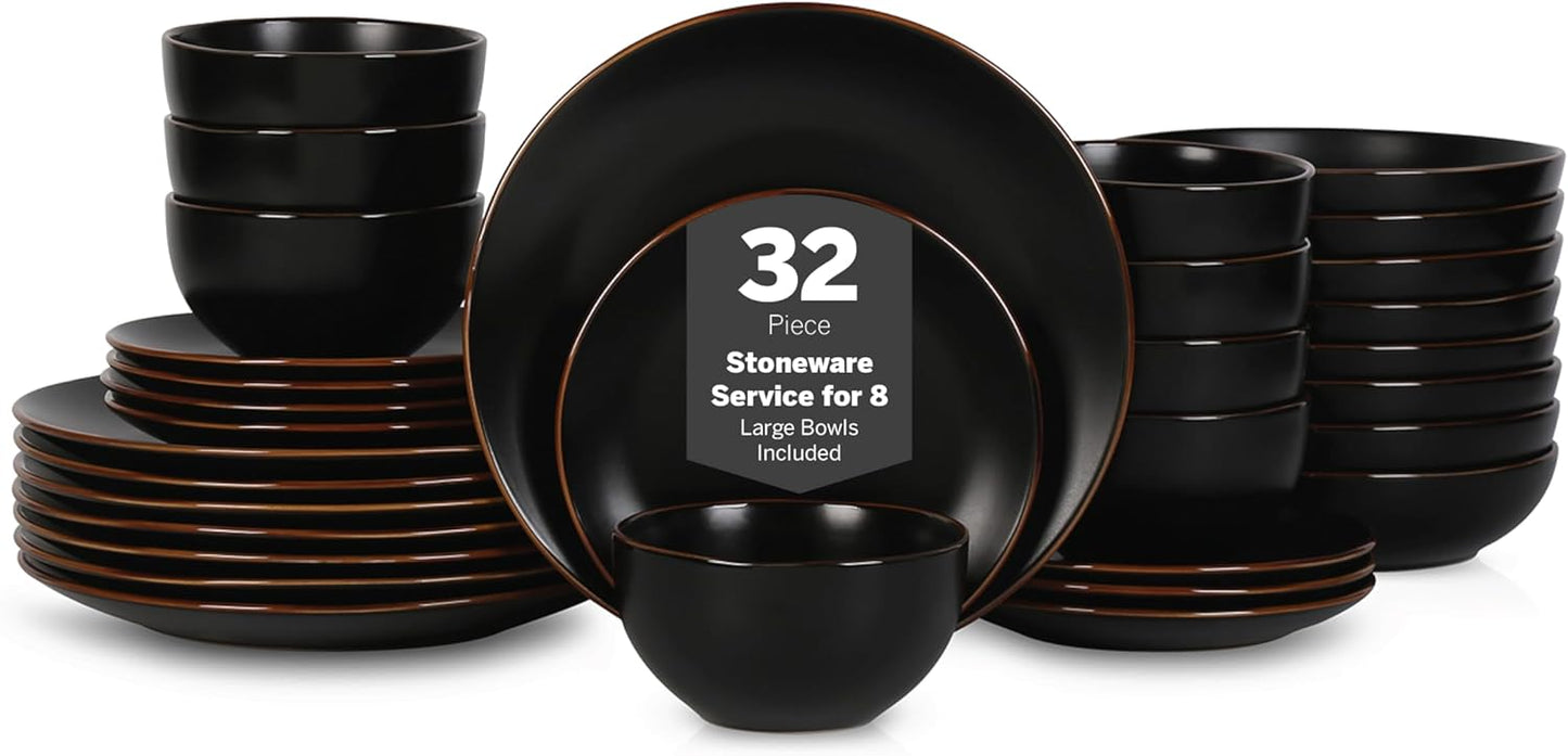 Stone Lain Brasa Stoneware 32 Piece Dinnerware, Plates and Bowls Sets for 8, Black, Glossy