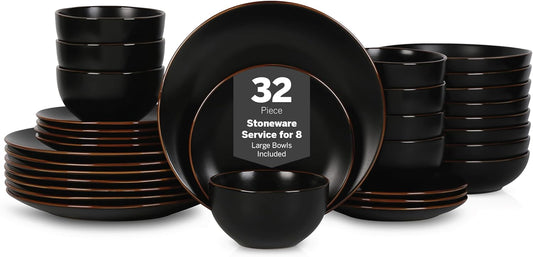 Stone Lain Brasa Stoneware 32 Piece Dinnerware, Plates and Bowls Sets for 8, Black, Glossy