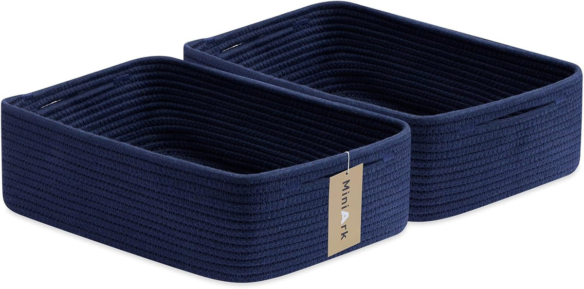Large Shallow Organizing Baskets 15x11x5.1 Inches - Rope Woven Storage Bins for Bathroom, Shelves