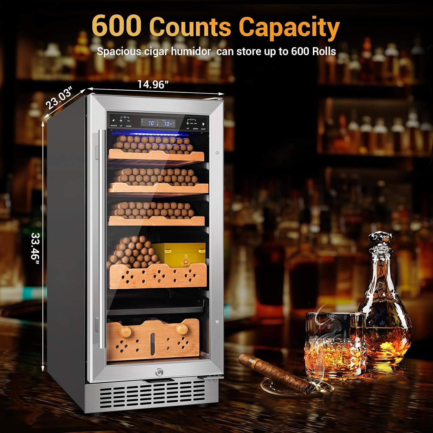 Electric Cigar Humidor, 15 Inch Upgraded Large Capacity Humidor Cabinet with Powerful Compressor