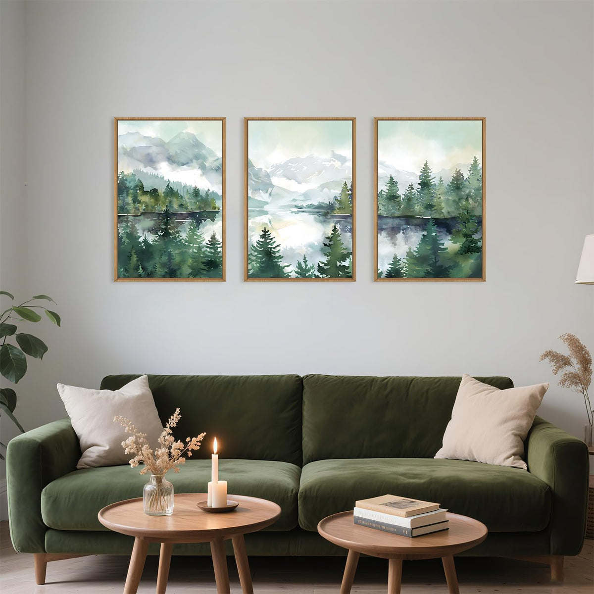 Watercolor Mountain Framed Canvas Wall Art Set, Boho Forest Wall Decor, Nature Green Pines Wall