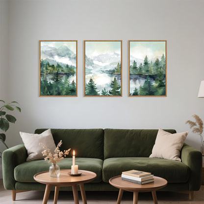 Celestdeco Watercolor Mountain Framed Canvas Wall Art Set, Boho Forest Wall Decor, Nature Green